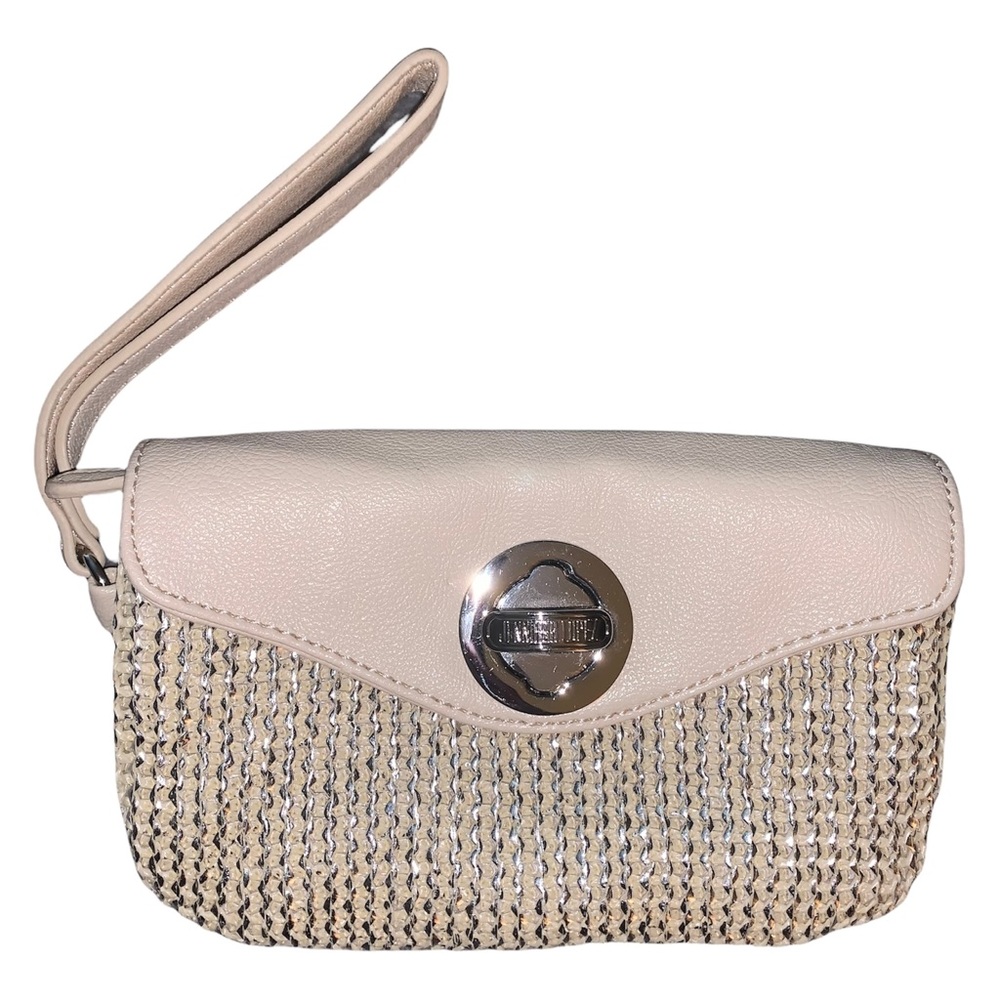 Jennifer Lopez Cream Off White Faux Leather & Silver Metallic Fabric Wristlet